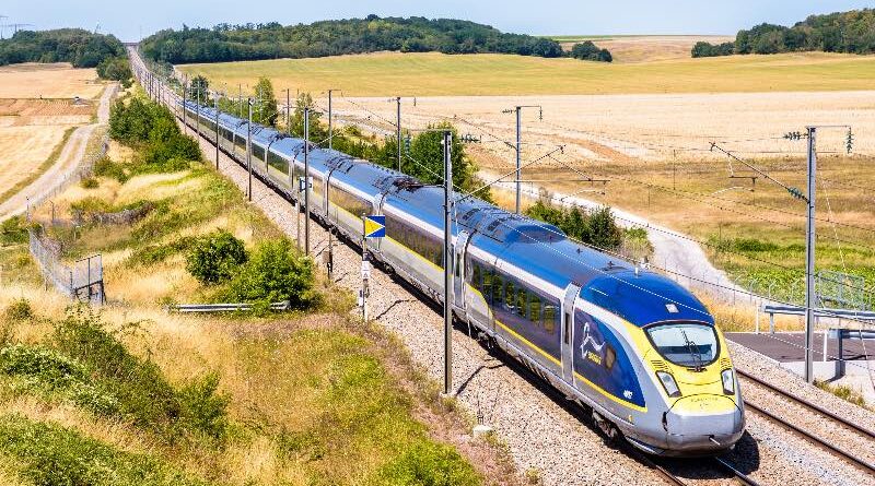 Baron, France - July 29, 2020: A Eurostar e320 high speed train is driving from Paris to London on the LGV Nord, the North European high speed railway line, in the french countryside.