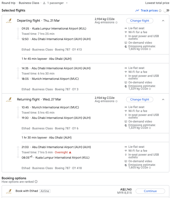 Etihad KUL-MUC fare on Google Flights