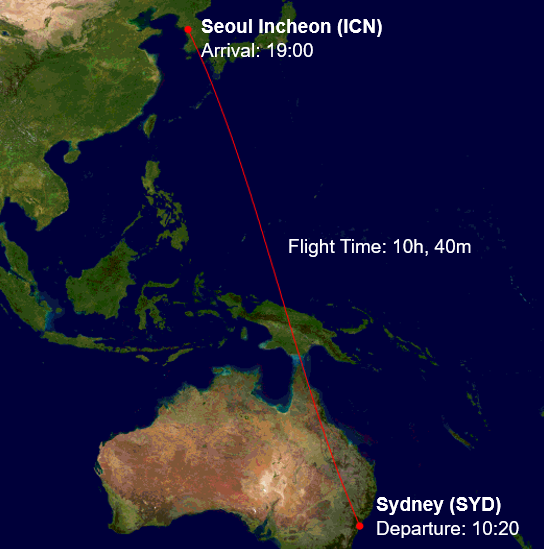 OZ602 route map from Sydney (SYD) to Seoul Incheon (ICN)