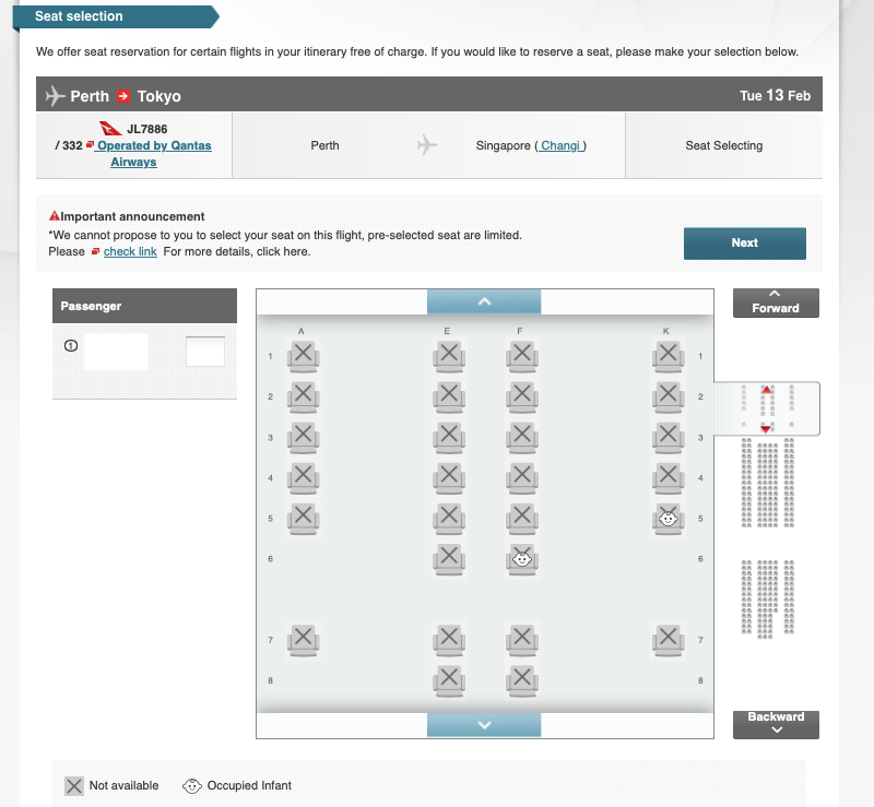 JL7886 business class seat map on the Japan Airlines website