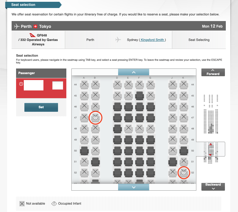 QF648 seat map on the Japan Airlines website
