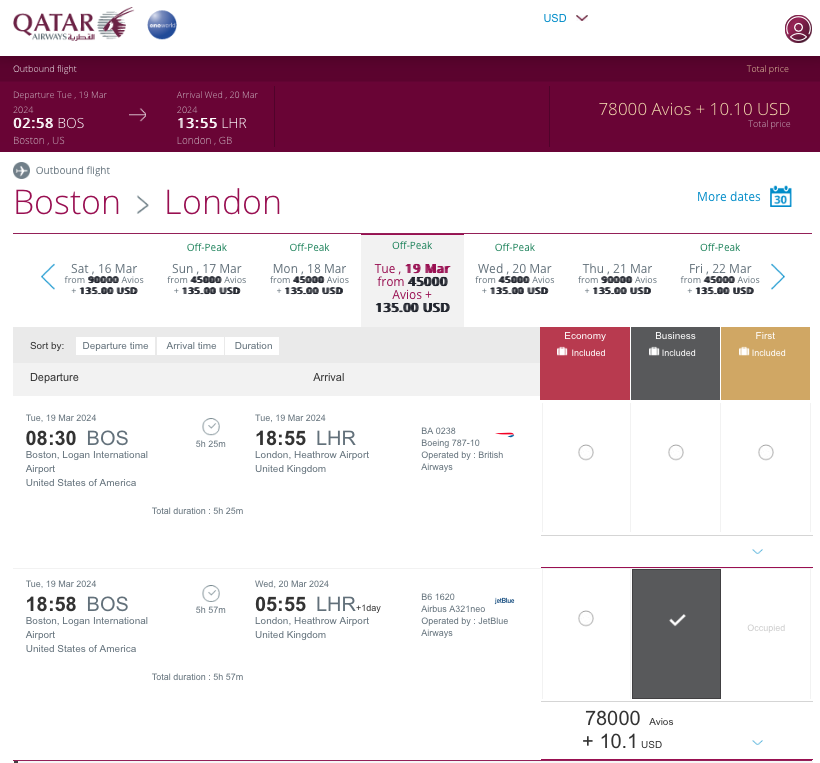 Example of a JetBlue BOS-LHR flight available to book with Avios on the Qatar Airways website