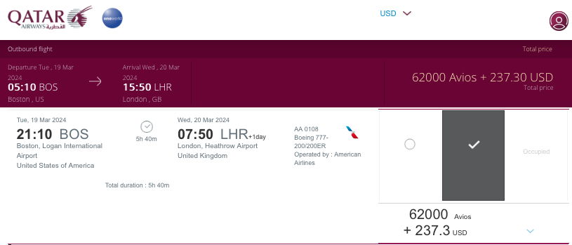 American Airlines BOS-LHR business class award availability showing on the Qatar Airways website