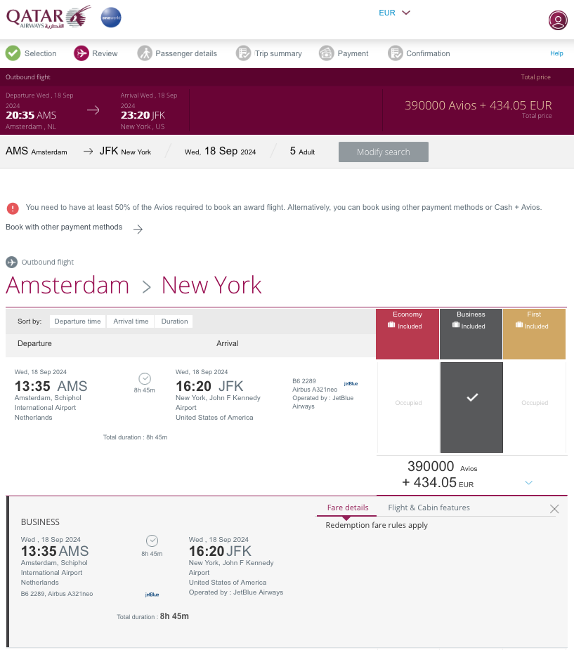 5 JetBlue award seats available to book from AMS to JFK on the Qatar Airways website