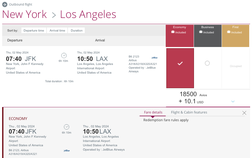 JetBlue Economy award availability on the JFK-LAX route, showing on the Qatar Airways website