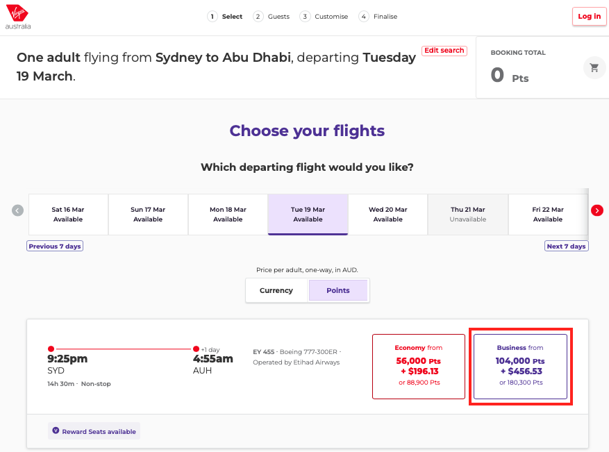 Virgin Australia website showing Velocity Business Reward Seat availability on EY455 SYD-AUH