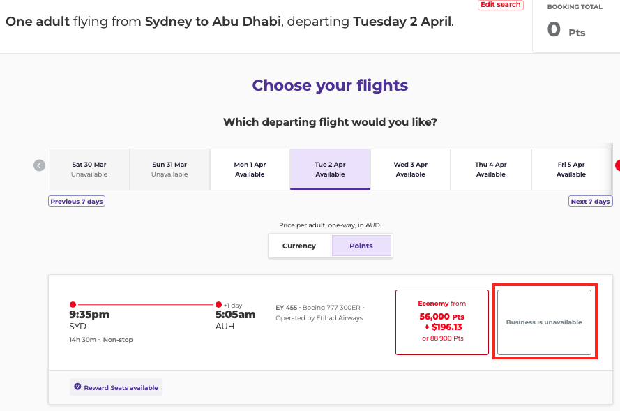 Velocity business class reward seats unavailable from SYD-AUH