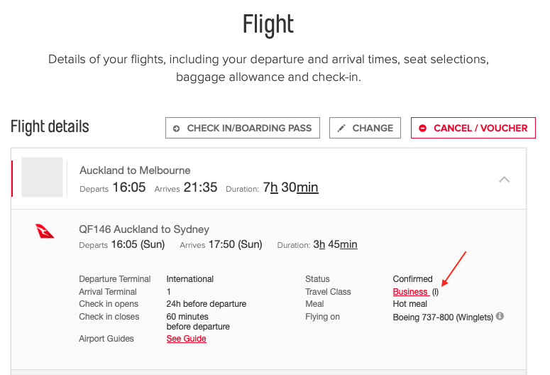 AKL-SYD flight with fare class shown on the Qantas Manage Booking page