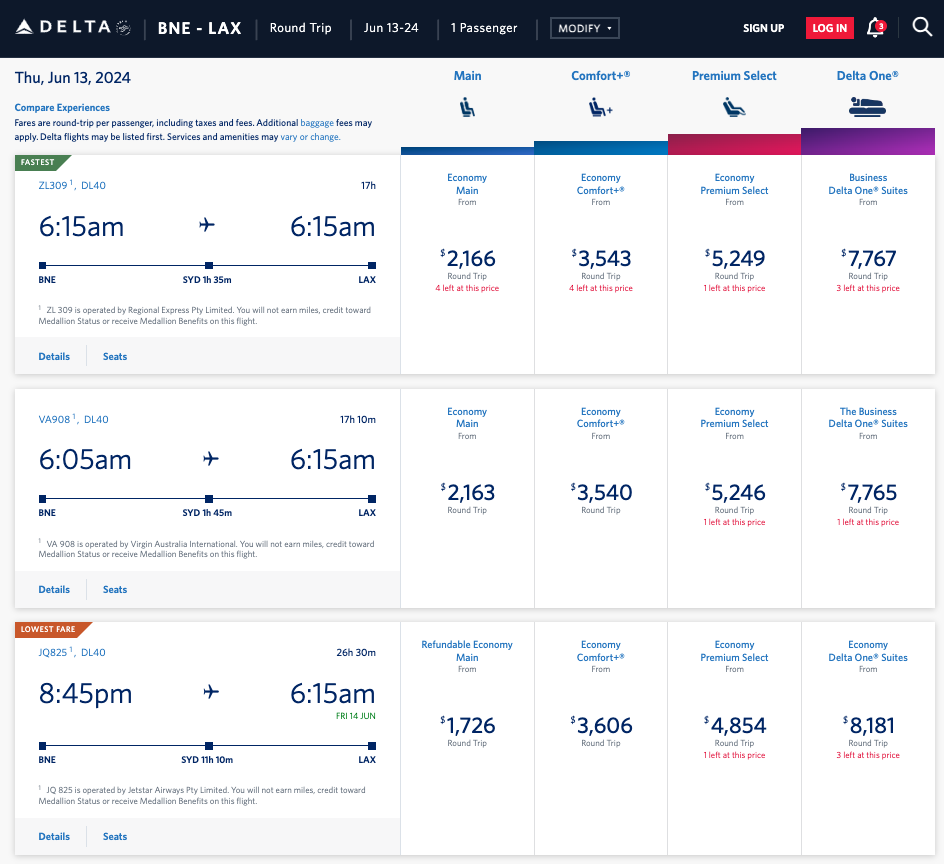 Delta website booking from BNE to LAX