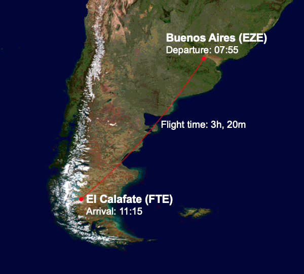 Route map of FO5550 from Buenos Aires (EZE) to El Calafate (FTE)