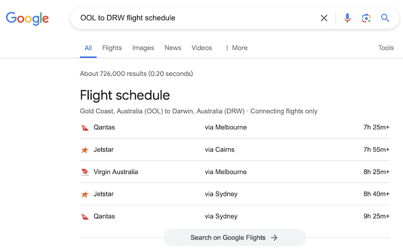 Google search for flights from Gold Coast to Darwin