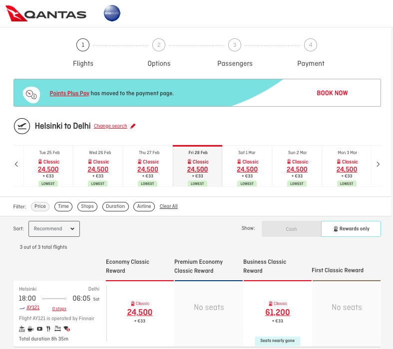 Qantas website showing Finnair award availability on AY121