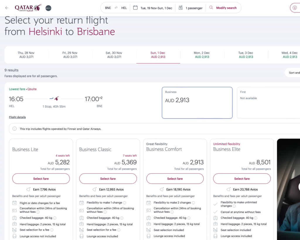 Qatar Airways website booking in business class from Helsinki to Melbourne