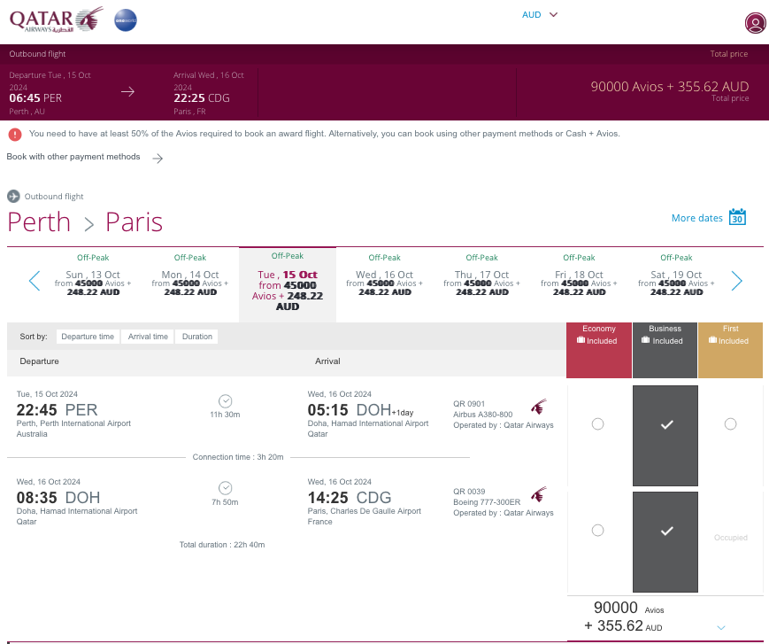 Qatar Airways Privilege Club redemption for Perth to Paris for 90,000 Avios plus taxes in Business Class
