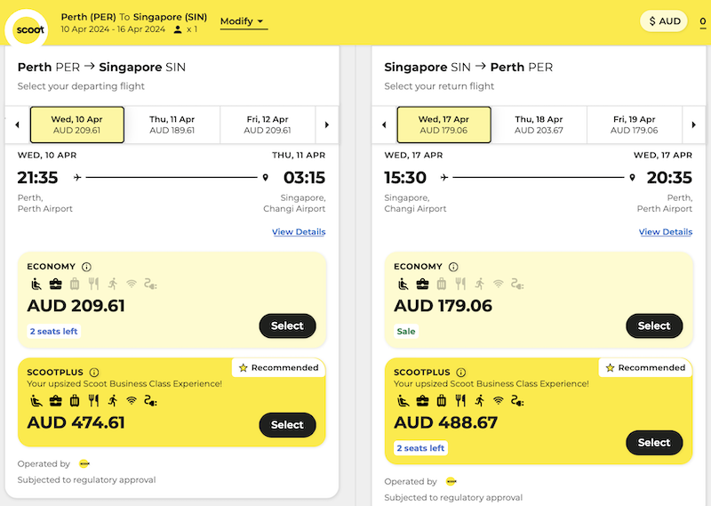 ScootPlus and Scoot Economy airfare pricing on the PER-SIN route