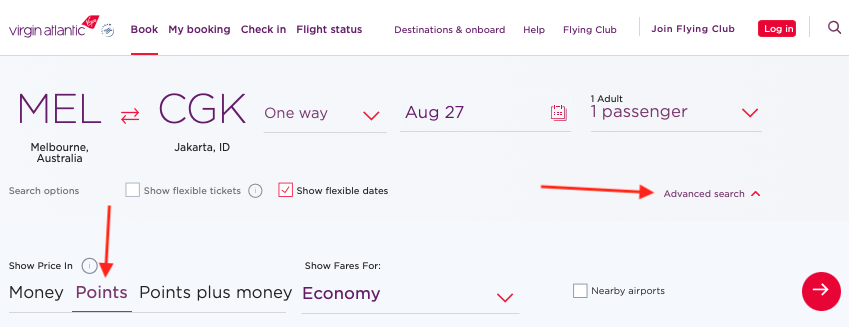 Select the "Points" option to book reward flights on the Virgin Atlantic website