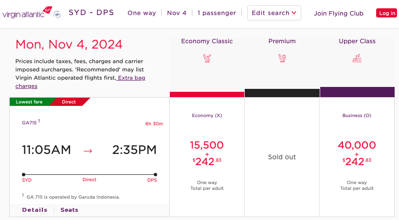 Garuda SYD-DPS reward seats available to book using Virgin Points on the Virgin Atlantic website