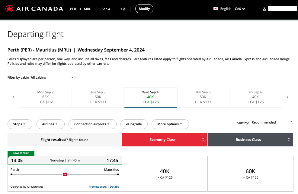 PER-MRU reward flight itinerary on the Air Canada website