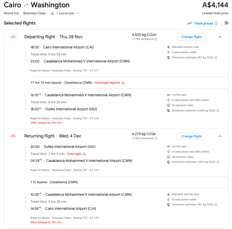 Royal Air Maroc CAI-CMN-IAD itinerary from Google Flights