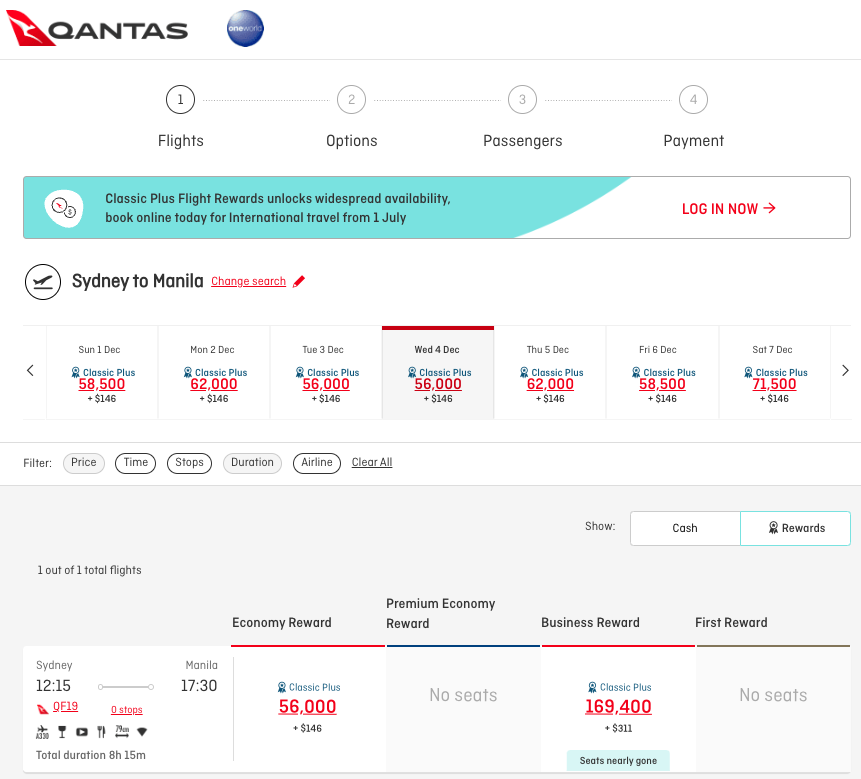 Example of Qantas Classic Plus Reward pricing on SYD-MNL route