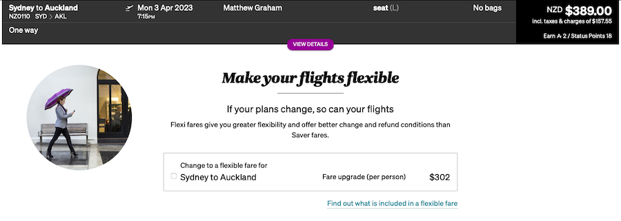 "Make your flights flexible" option on the Air New Zealand website