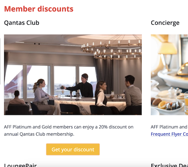 AFF Qantas Club member discount shown on the Member Lounge page