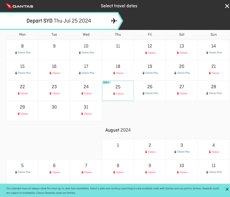 Classic and Classic Plus Flight Reward availability shown in a calendar on the Qantas website