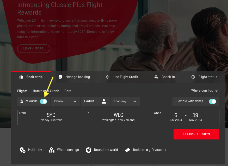 Select "Rewards" on the Qantas website to book flights using frequent flyer points