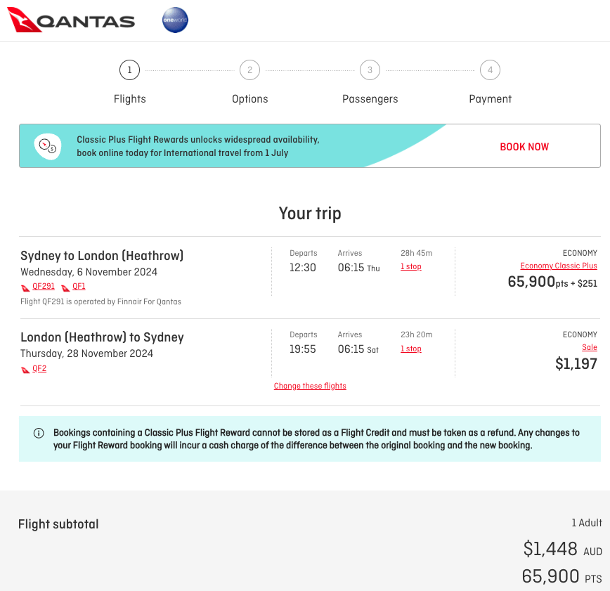 Qantas Sydney-London mixed booking type