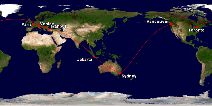 Example of a Turkish Airlines RTW itinerary: SYD-CGK-IST-CDG, VCE-IST-YYZ-YVR-SYD