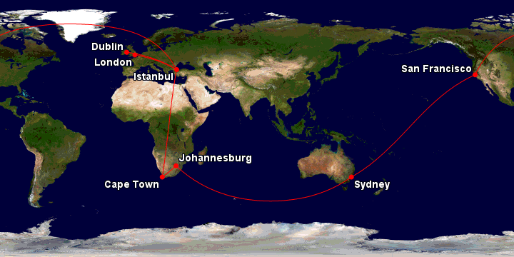 Turkish Airlines RTW itinerary example: SYD-JNB-CPT-IST-LHR/DUB-IST-SFO-SYD