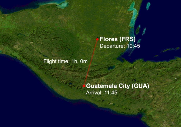 5U141 route map from Mundo Maya International Airport (FRS) to Guatemala City (GUA)