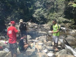 172 - Lunch by the river - Sam crouched cooking - Chris - red shirt - Marjin - .jpg