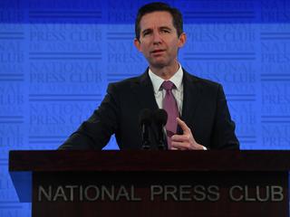 Minister for Trade, Tourism and Investment Simon Birmingham delivers his address to the National Press Club on Wednesday.