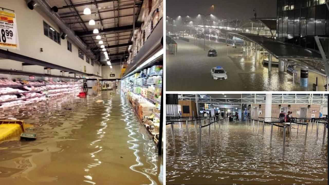 Shops and New Zealand’s airport pictured underwater. At least one person is dead.