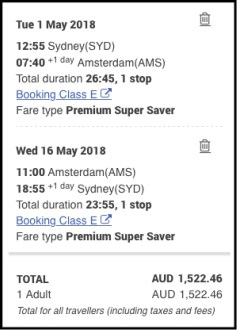 Sydney-Amsterdam in Premium Economy for $1,522.46 return