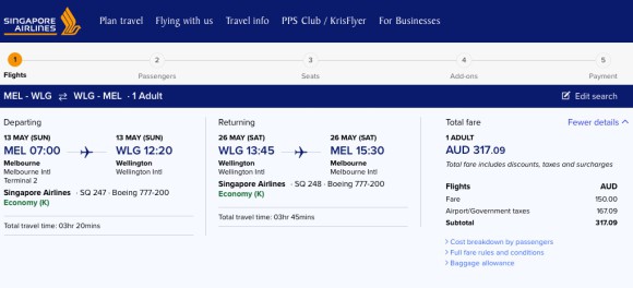 Screenshot from Singapore Airlines website