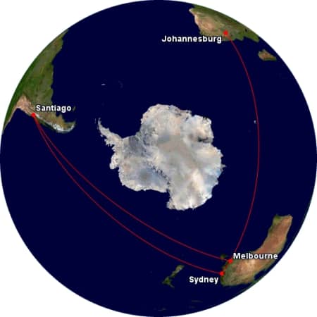 Great circle flight paths of these 3 commercial flights over Antarctica
