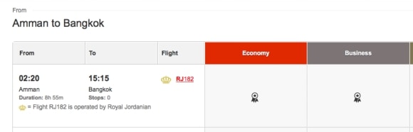 Royal Jordanian availability on the Qantas website