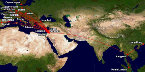 Royal Jordanian destinations in Europe and south-east Asia