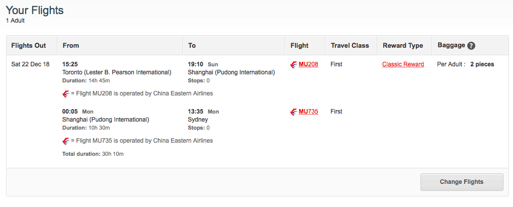Qantas website screenshot. These flights cost 203,000 Qantas points + $209