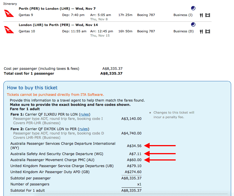 Tax breakdown on a Perth-London booking. Australian charges are marked.