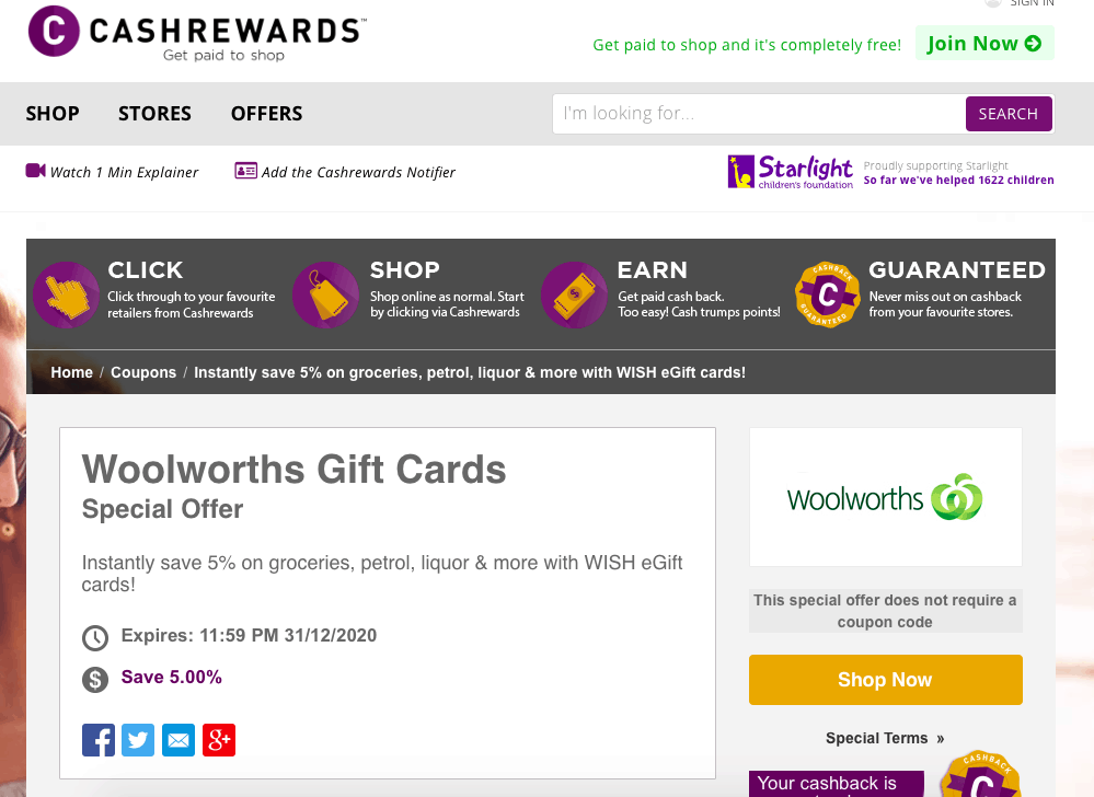 Click through from the Cashrewards website to purchase discounted Woolworths gift cards