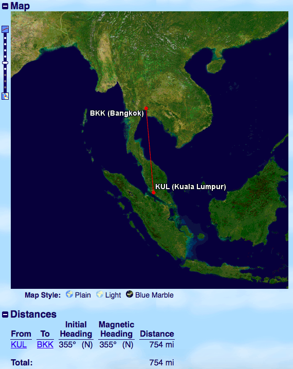 Great Circle Mapper screenshot showing the distance from KUL to BKK.