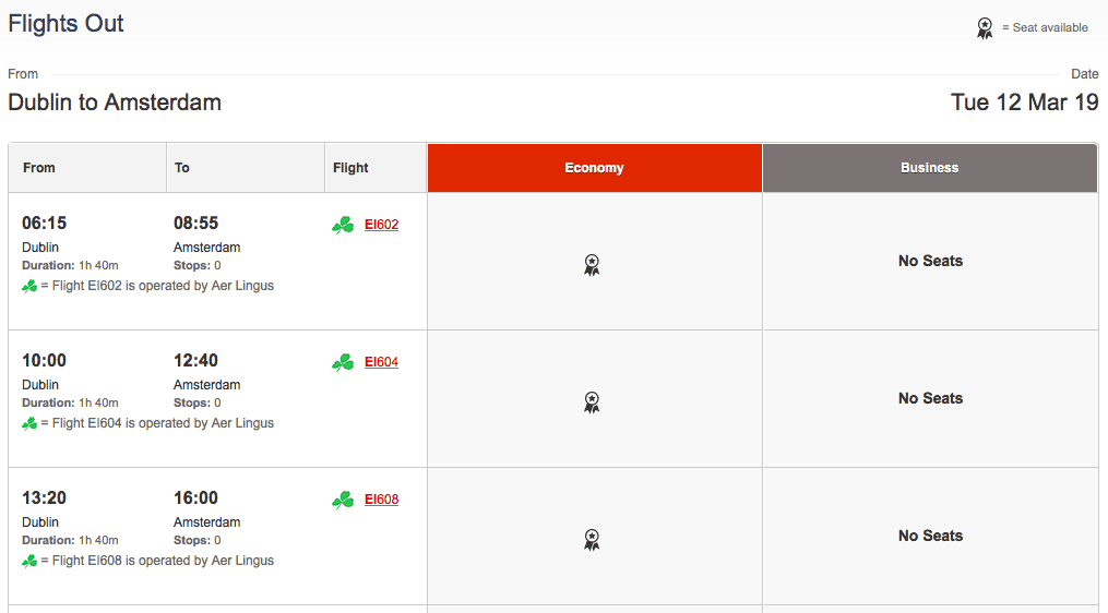 Qantas website screenshot showing Aer Lingus award availability