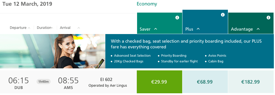 Aer Lingus fare from Dublin to Amsterdam