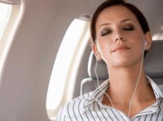 Passenger listening music headphones