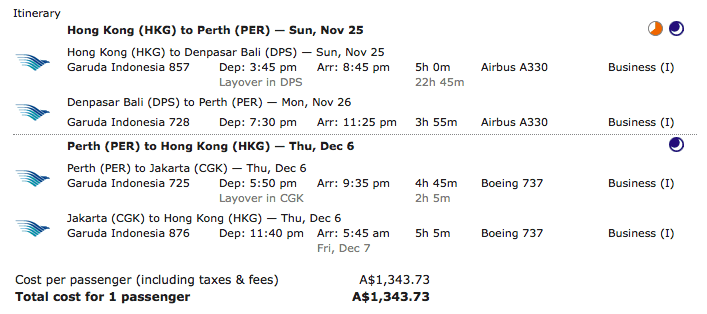 Example of a Garuda Business fare from Hong Kong to Perth