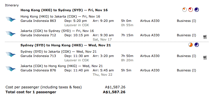 Example of a Garuda Business fare from Hong Kong to Sydney