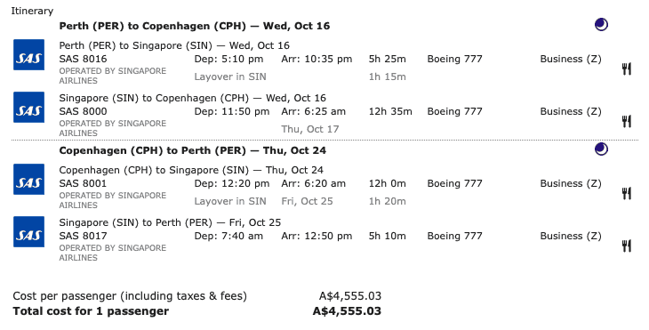 Example of an SAS sale fare from Perth to Copenhagen